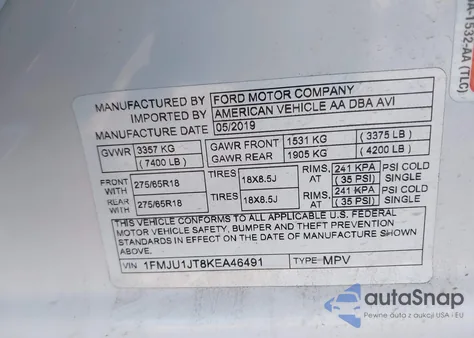 2019 Ford Expedition Xlt z USA, uszkodzony, nr VIN 1FMJU1JT8KEA46491